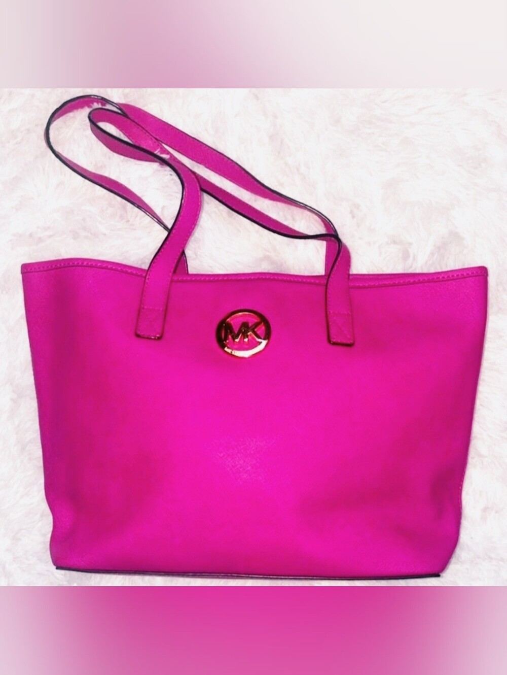 Michael Kors Hot Pink Tote with Gold MK Emblem Very Good Used Condition